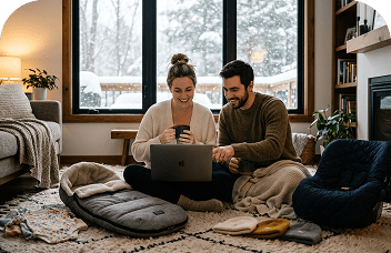 Couple researching baby products on a laptop at home in winter