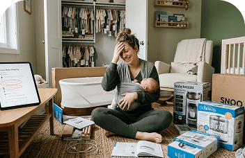 New mom overwhelmed by baby gear boxes on the floor at home