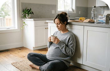 Pregnant woman resting on kitchen floor with ginger tea