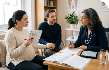 Pregnant couple at prenatal appointment with healthcare provider