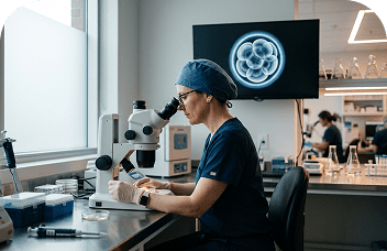 Lab scientist examining embryo under microscope
