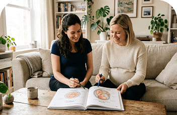 Two women reading pregnancy development book together