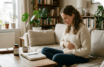 Pregnant woman experiencing early pregnancy symptoms at home