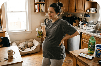 Pregnant woman dealing with morning sickness in the kitchen