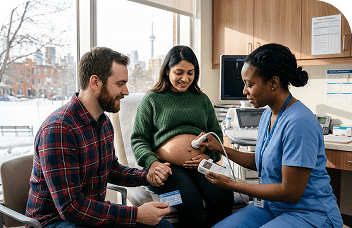 Pregnant couple at prenatal checkup with nurse in Canada