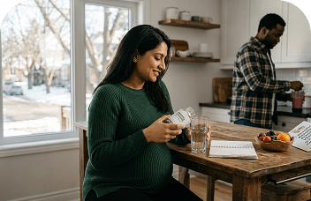 Pregnant woman taking prenatal vitamins at kitchen table