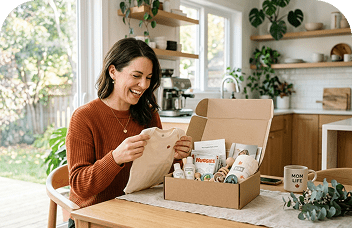 Mom happily opening a box of free baby samples at home