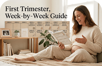 Pregnant woman reading first trimester week by week guide