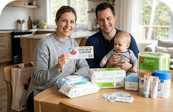 Family holding Canadian baby coupons with baby products