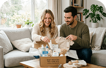 Couple opening baby registry welcome box on the sofa