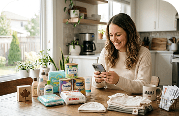 Mom browsing free baby samples on her phone surrounded by products