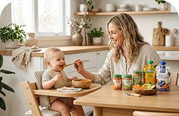 Mom feeding baby with best baby food brands on the table