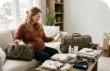 Pregnant woman packing hospital bag at home